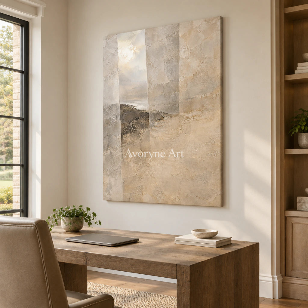 Veiled Distance: Beige Abstract Landscape Wall Art — office frameless