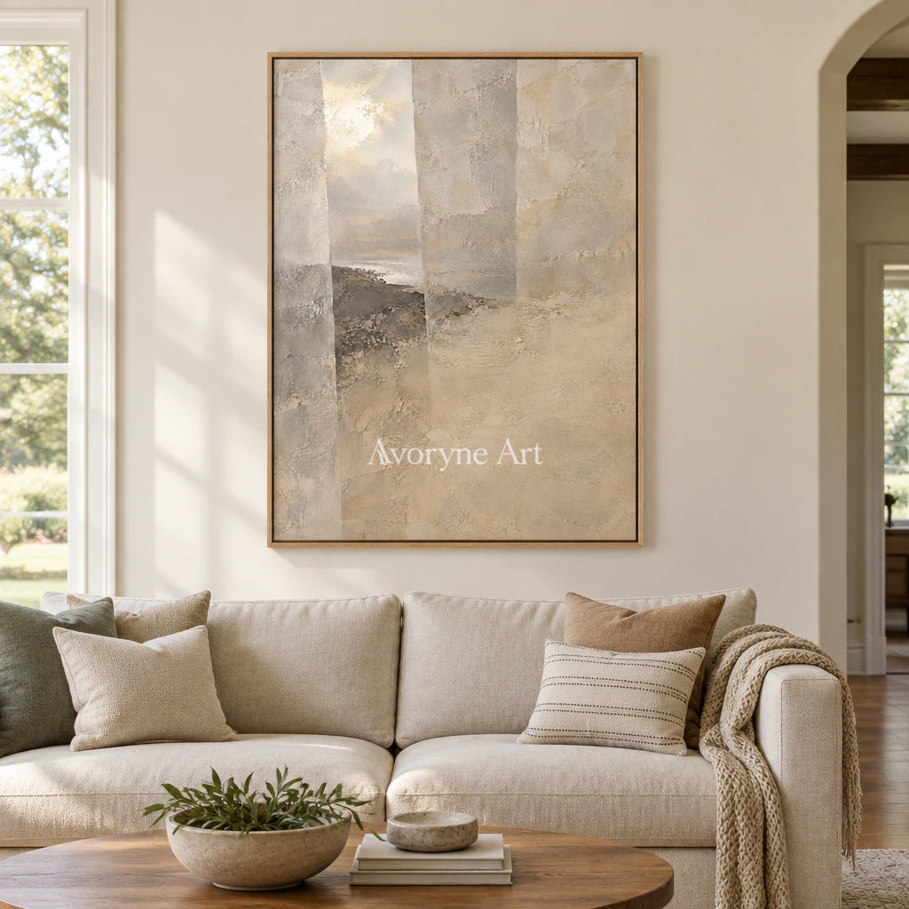 Veiled Distance: Beige Abstract Landscape Wall Art — villa wood
