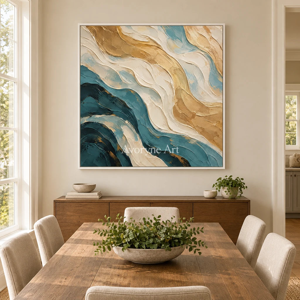 Tidal Folds: Beige and Teal Abstract Wall Art — dining white