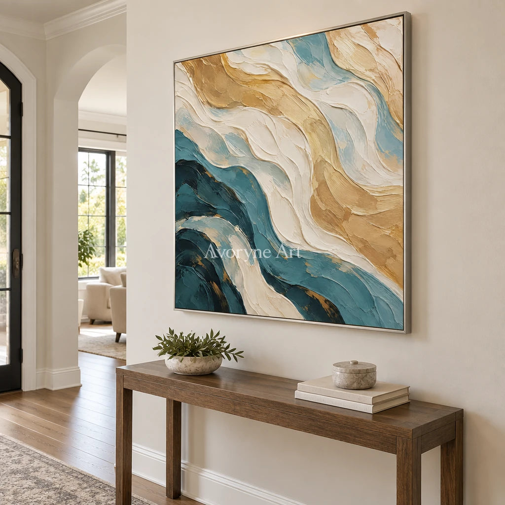 Tidal Folds: Beige and Teal Abstract Wall Art — entry silver