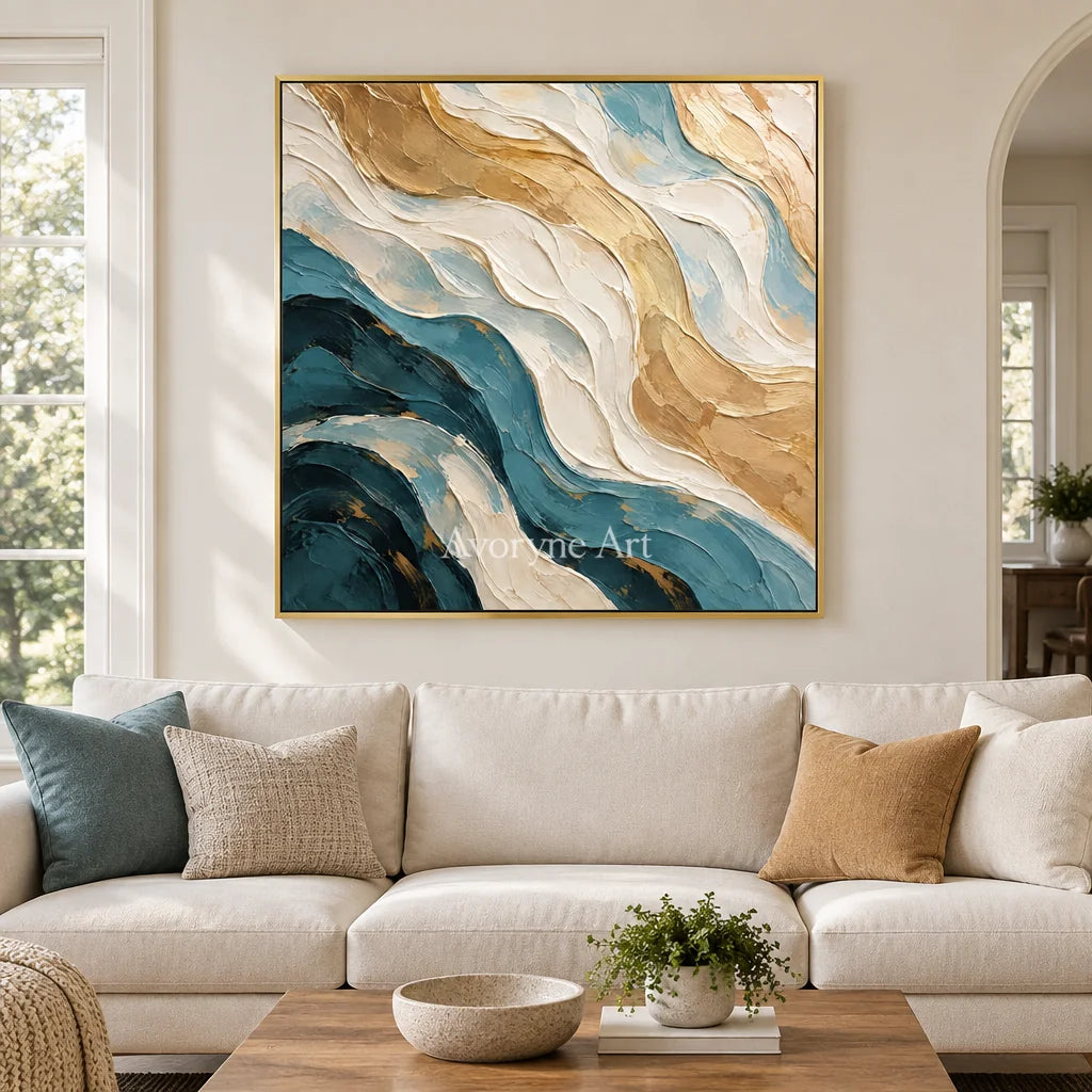 Tidal Folds: Beige and Teal Abstract Wall Art — living gold