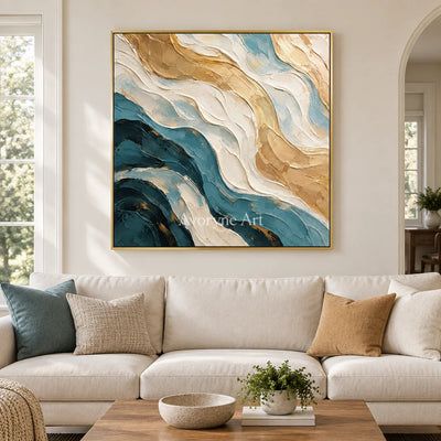 Tidal Folds: Beige and Teal Abstract Wall Art — living gold