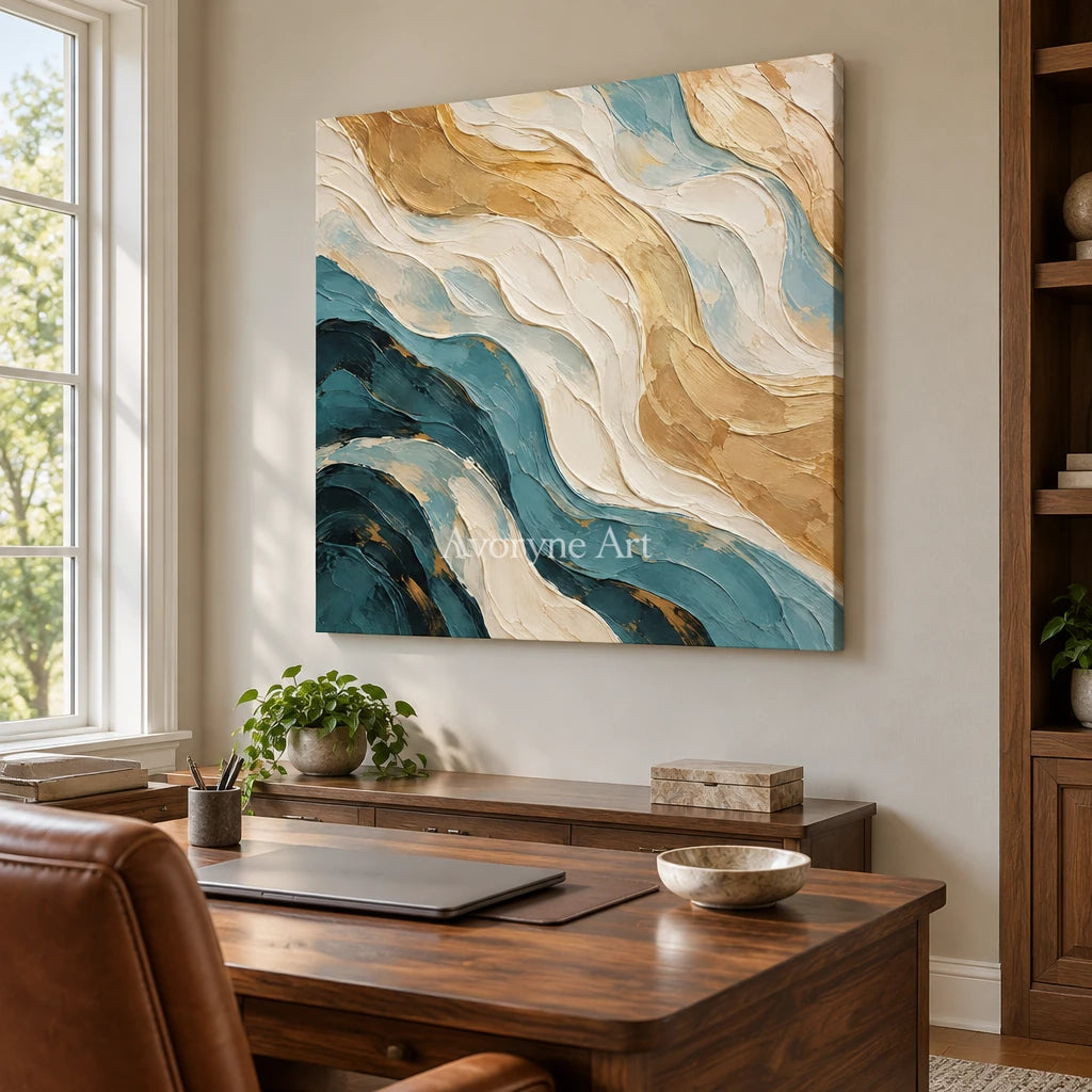 Tidal Folds: Beige and Teal Abstract Wall Art — office frameless