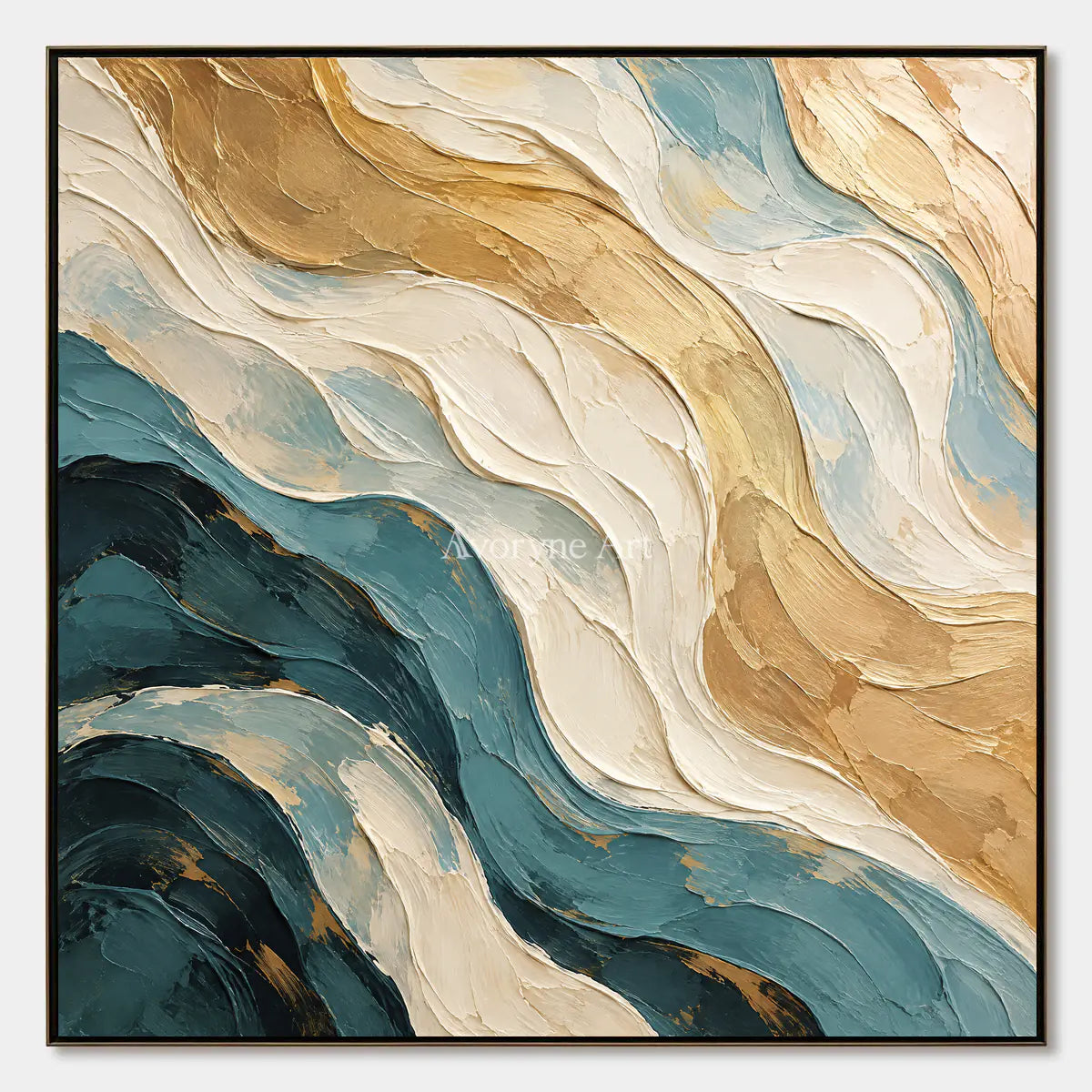 Tidal Folds: Beige and Teal Abstract Wall Art — primary