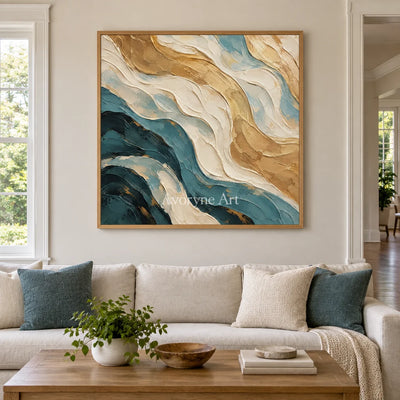 Tidal Folds: Beige and Teal Abstract Wall Art — villa wood