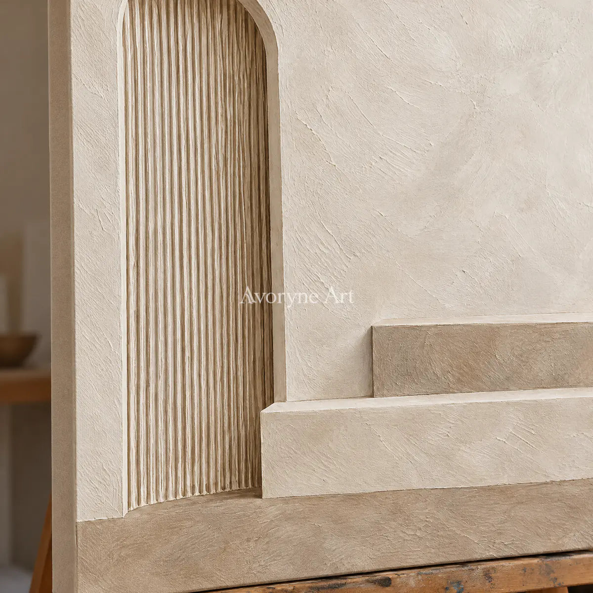 Arched Stillness: Beige Architectural Relief Wall Art — detail easel