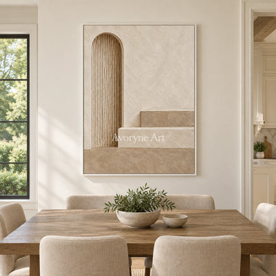 Arched Stillness: Beige Architectural Relief Wall Art — dining white