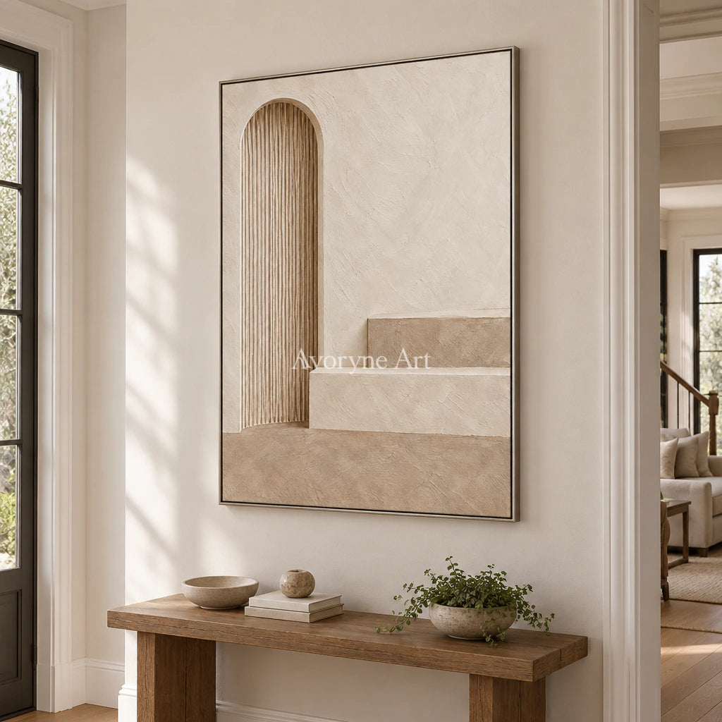 Arched Stillness: Beige Architectural Relief Wall Art — entry silver