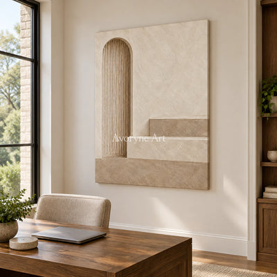 Arched Stillness: Beige Architectural Relief Wall Art — office frameless