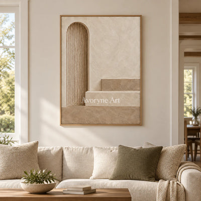 Arched Stillness: Beige Architectural Relief Wall Art — villa wood