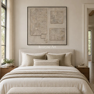Suspended Terrain: Beige Block Abstract Wall Art — bedroom black