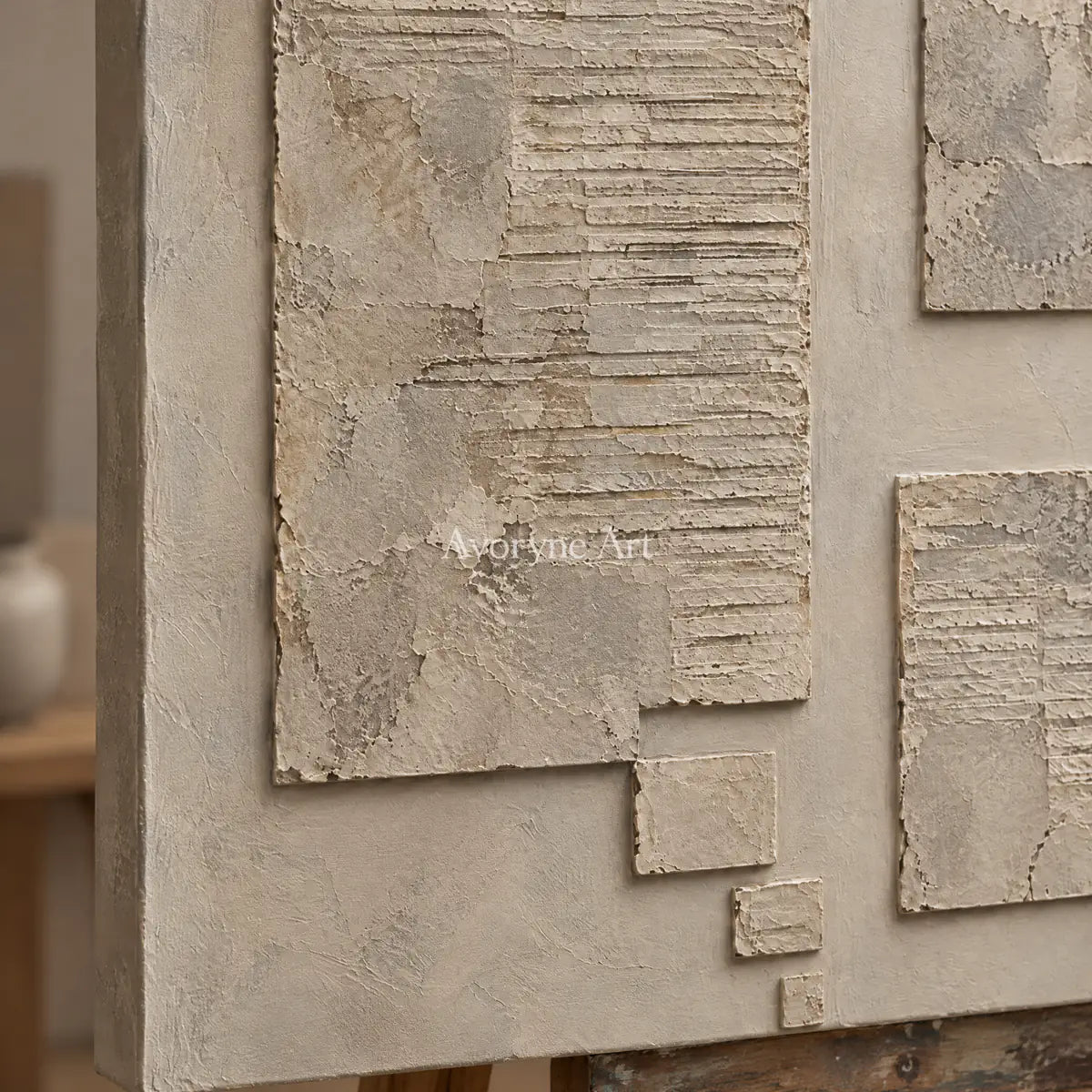 Suspended Terrain: Beige Block Abstract Wall Art — detail easel