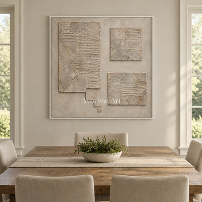 Suspended Terrain: Beige Block Abstract Wall Art — dining white