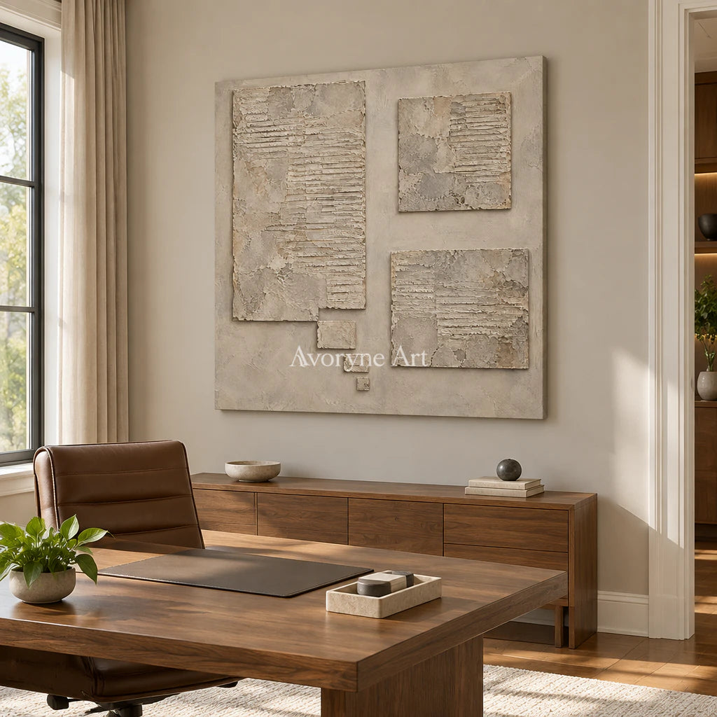 Suspended Terrain: Beige Block Abstract Wall Art — office frameless