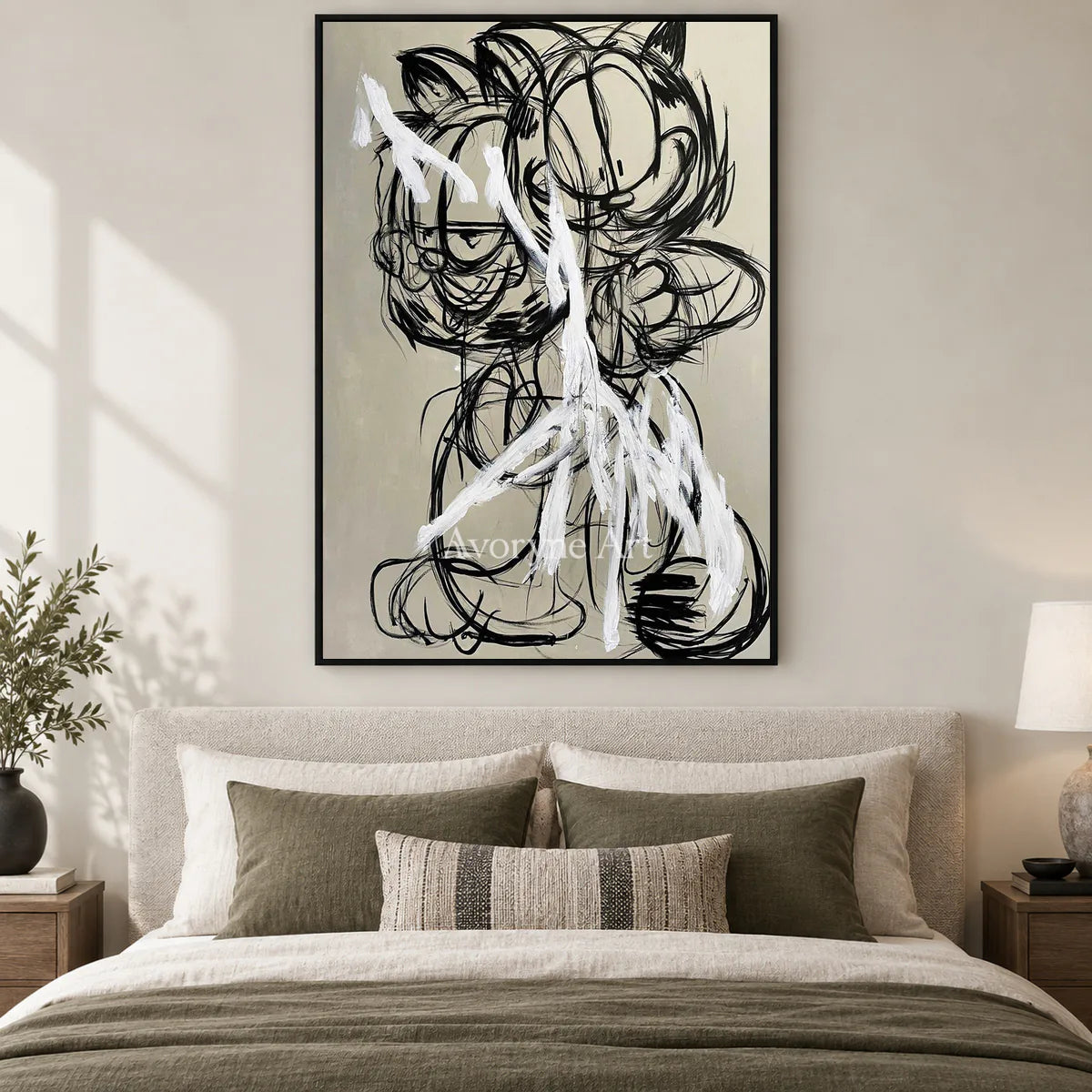 Double Mischief: Beige Cartoon Cat Graffiti Wall Art — bedroom black