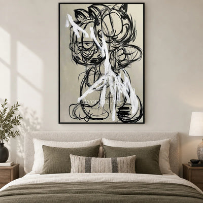 Double Mischief: Beige Cartoon Cat Graffiti Wall Art — bedroom black