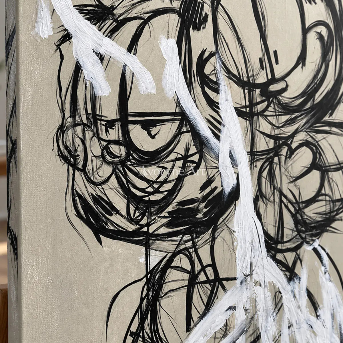 Double Mischief: Beige Cartoon Cat Graffiti Wall Art — detail easel