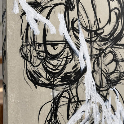 Double Mischief: Beige Cartoon Cat Graffiti Wall Art — detail easel