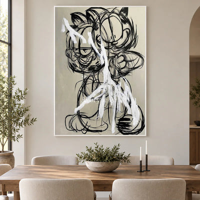 Double Mischief: Beige Cartoon Cat Graffiti Wall Art — dining white