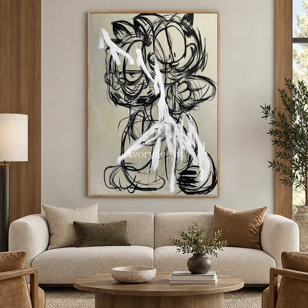 Double Mischief: Beige Cartoon Cat Graffiti Wall Art — hotel wood