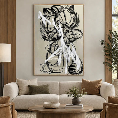 Double Mischief: Beige Cartoon Cat Graffiti Wall Art — hotel wood