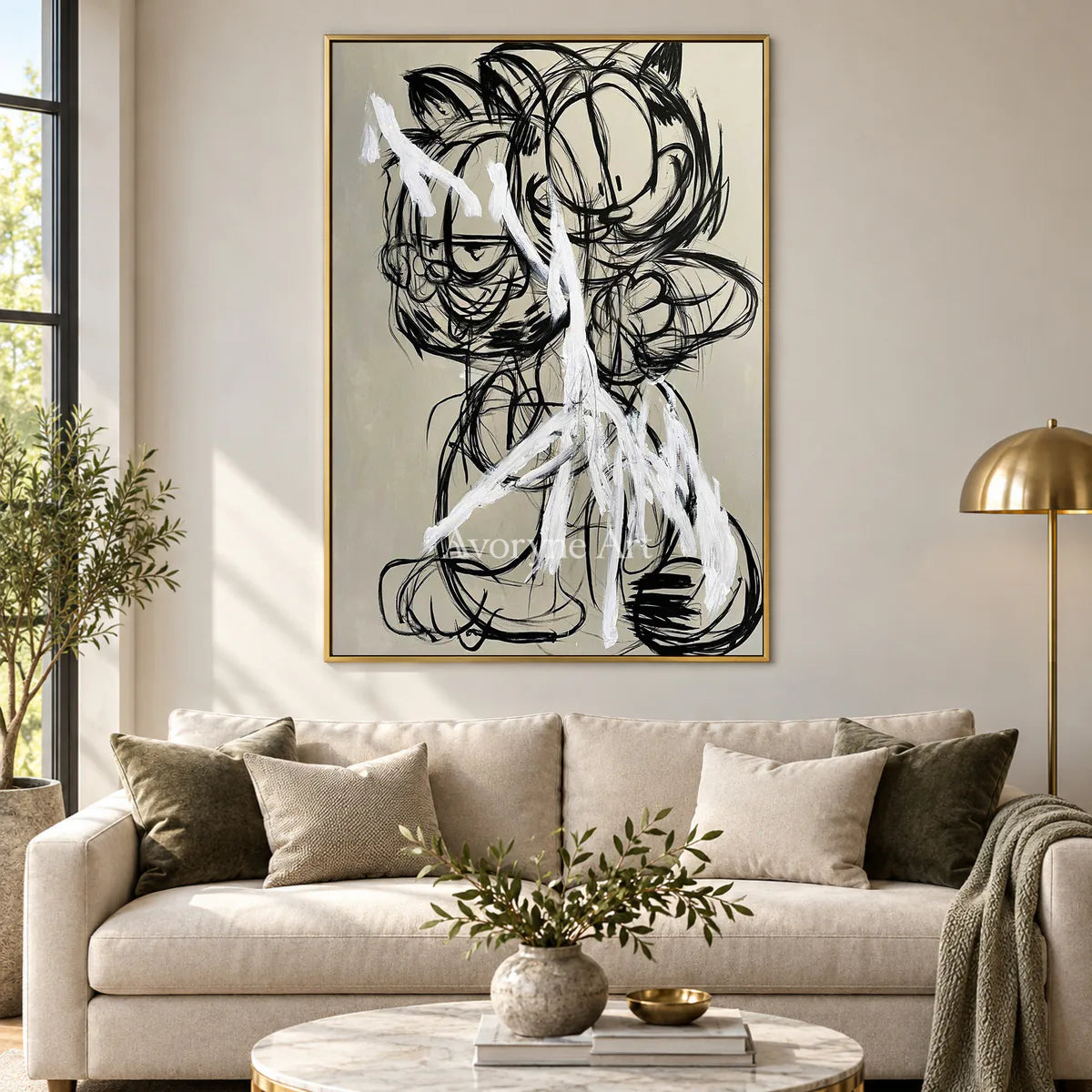 Double Mischief: Beige Cartoon Cat Graffiti Wall Art — living gold