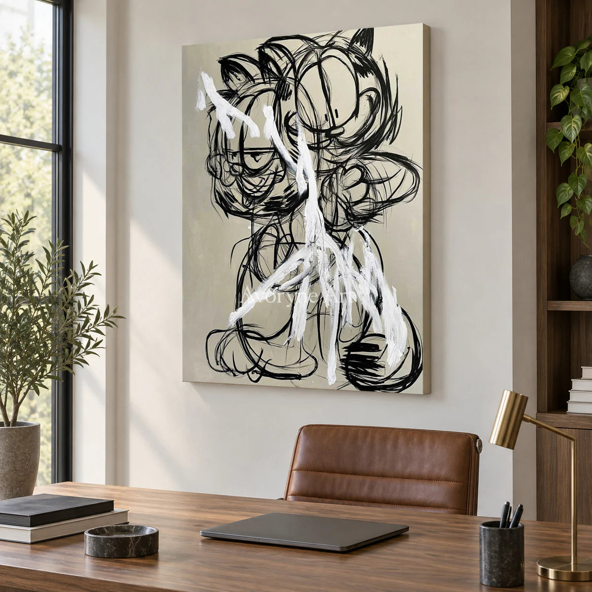 Double Mischief: Beige Cartoon Cat Graffiti Wall Art — office frameless