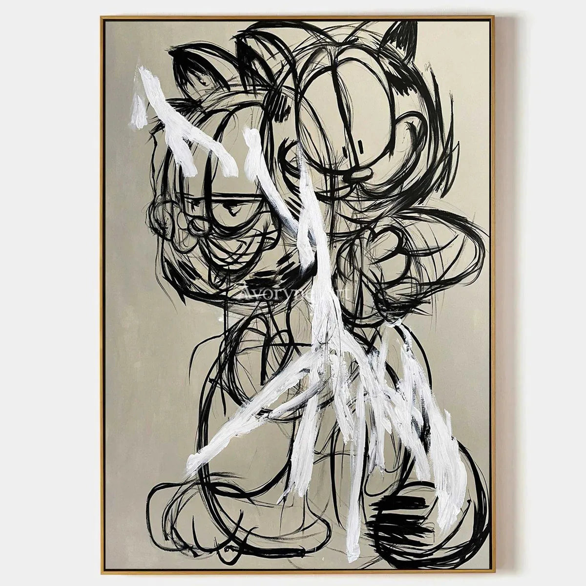 Double Mischief: Beige Cartoon Cat Graffiti Wall Art — primary