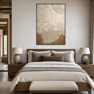 Honeyed Orbit: Beige Circular Texture Abstract Wall Art — bedroom black