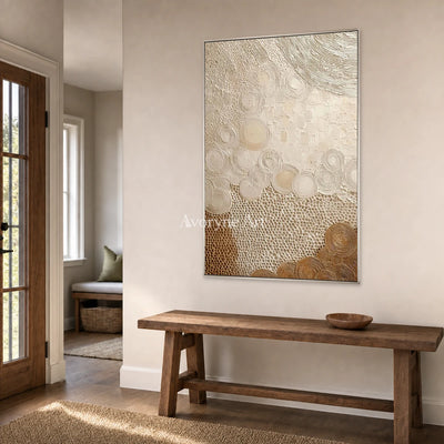 Honeyed Orbit: Beige Circular Texture Abstract Wall Art — entry silver