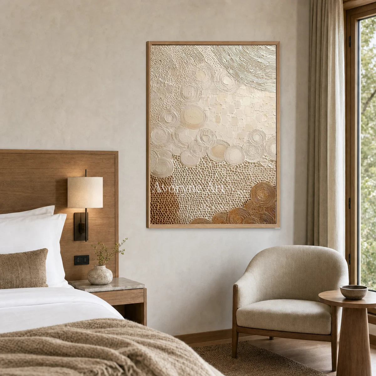 Honeyed Orbit: Beige Circular Texture Abstract Wall Art — hotel wood