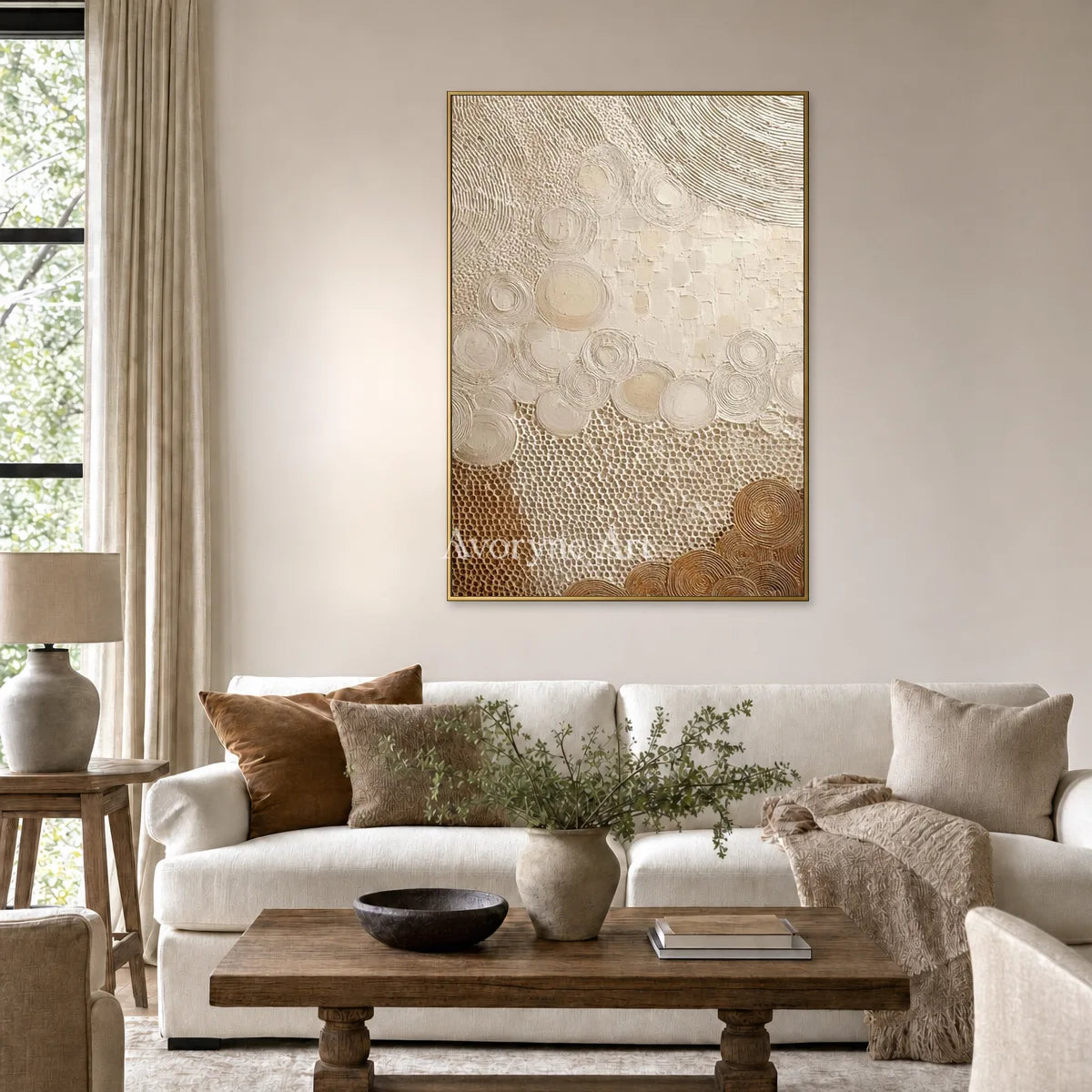 Honeyed Orbit: Beige Circular Texture Abstract Wall Art — living gold