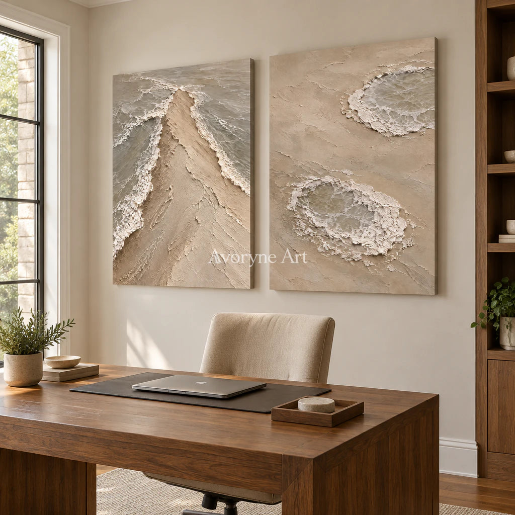 Sandwater Passage: Beige Coastal Diptych Wall Art — office frameless