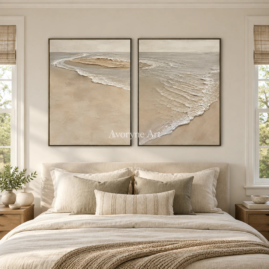 Sandbar Conversation: Beige Coastal Diptych Wall Art — bedroom black