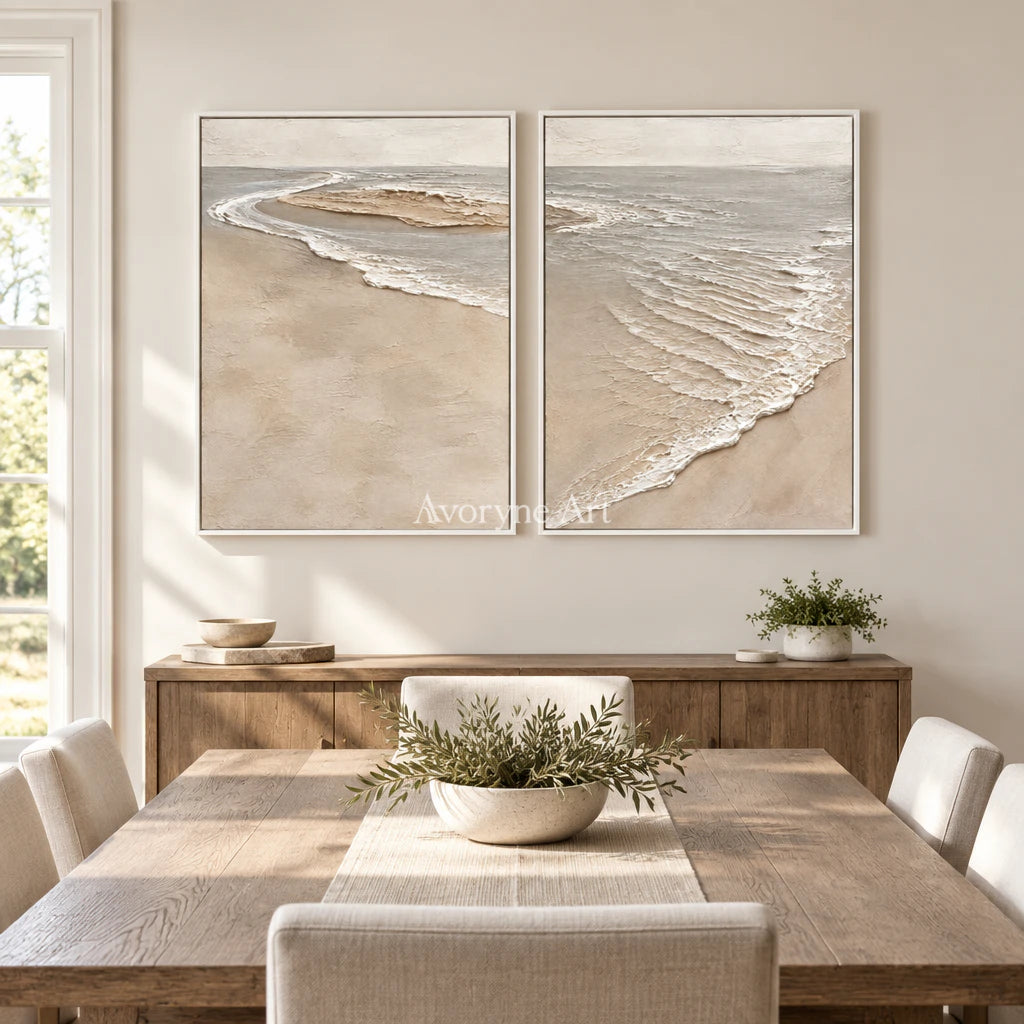 Sandbar Conversation: Beige Coastal Diptych Wall Art — dining white
