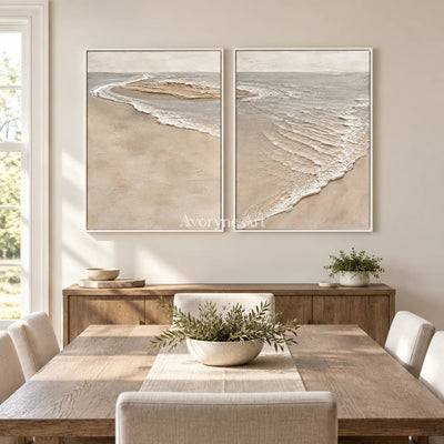 Sandbar Conversation: Beige Coastal Diptych Wall Art — dining white