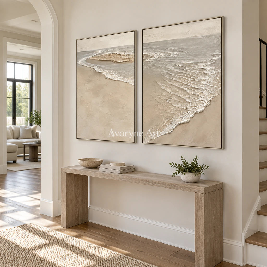 Sandbar Conversation: Beige Coastal Diptych Wall Art — entry silver