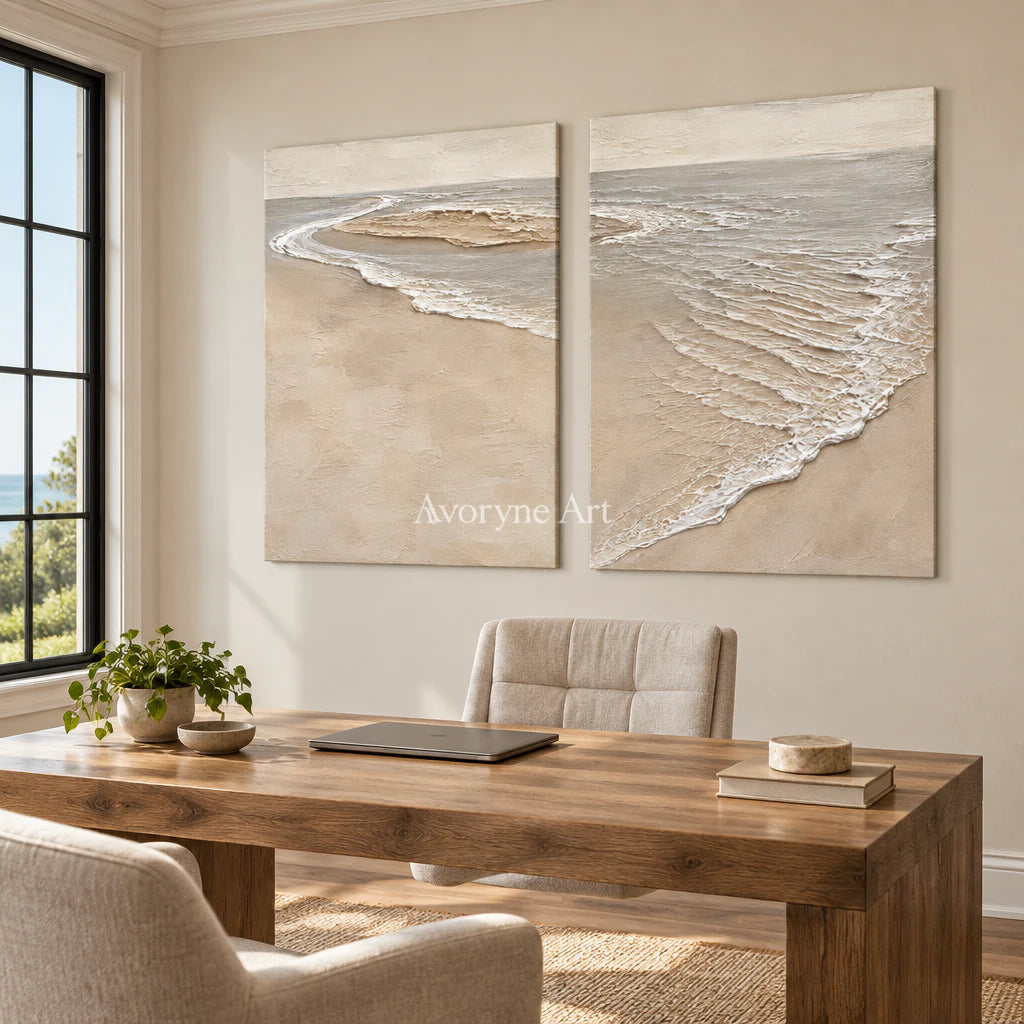 Sandbar Conversation: Beige Coastal Diptych Wall Art — office frameless