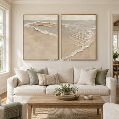 Sandbar Conversation: Beige Coastal Diptych Wall Art — villa wood
