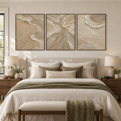 Estuary Rhythm: Beige Coastal Triptych Wall Art — bedroom black