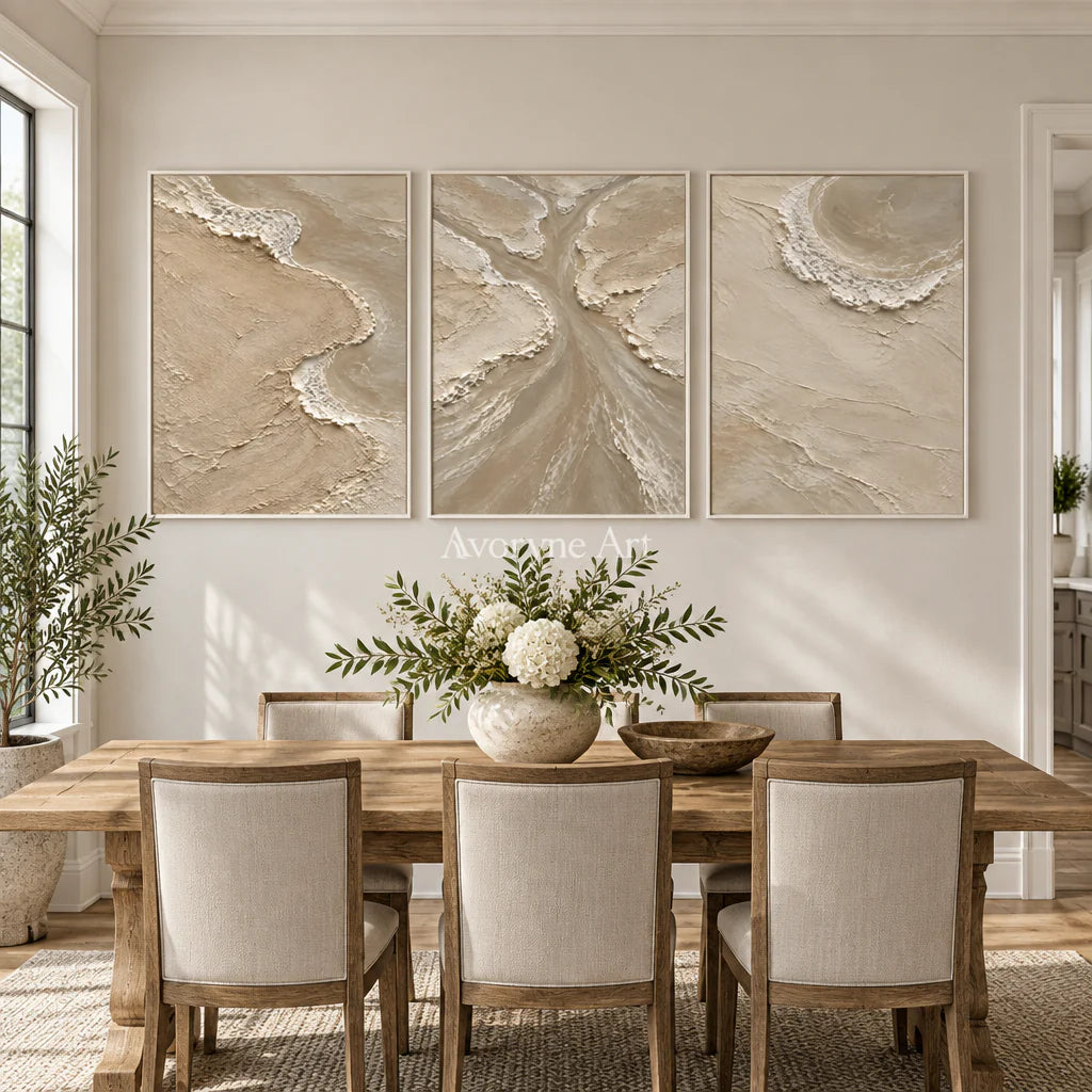 Estuary Rhythm: Beige Coastal Triptych Wall Art — dining white