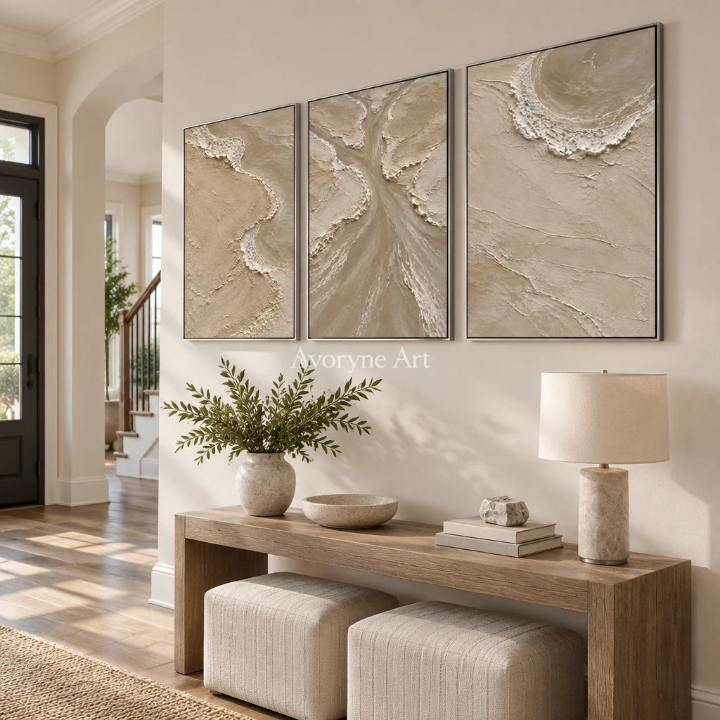Estuary Rhythm: Beige Coastal Triptych Wall Art — entry silver