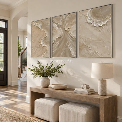 Estuary Rhythm: Beige Coastal Triptych Wall Art — entry silver