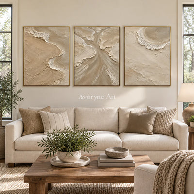 Estuary Rhythm: Beige Coastal Triptych Wall Art — living gold