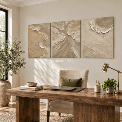 Estuary Rhythm: Beige Coastal Triptych Wall Art — office frameless