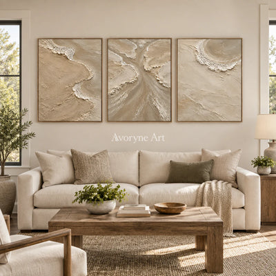 Estuary Rhythm: Beige Coastal Triptych Wall Art — villa wood