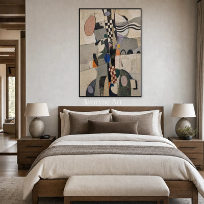Measured Whim: Beige Cubist Geometric Abstract Wall Art — bedroom black