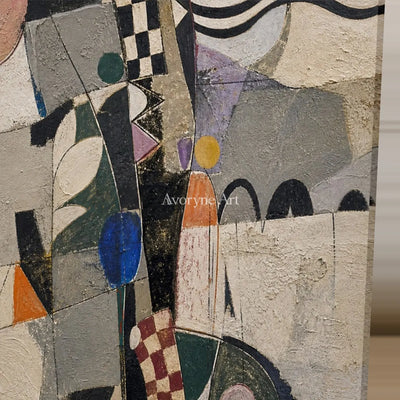 Measured Whim: Beige Cubist Geometric Abstract Wall Art — detail easel