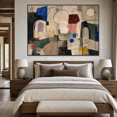 City of Small Shapes: Beige Cubist Geometric Abstract Wall Art — bedroom black