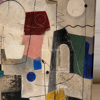 City of Small Shapes: Beige Cubist Geometric Abstract Wall Art — detail easel
